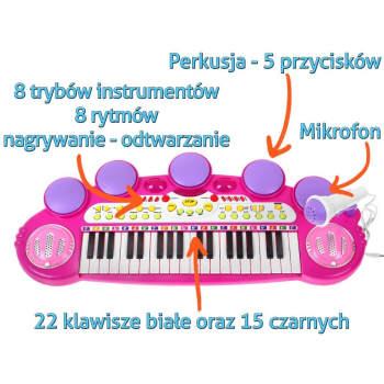 Różowy zestaw muzyczny Keyboard + Werble + Mikrofon dla dzieci 3+ Światła + Dźwięki 3 oktawy